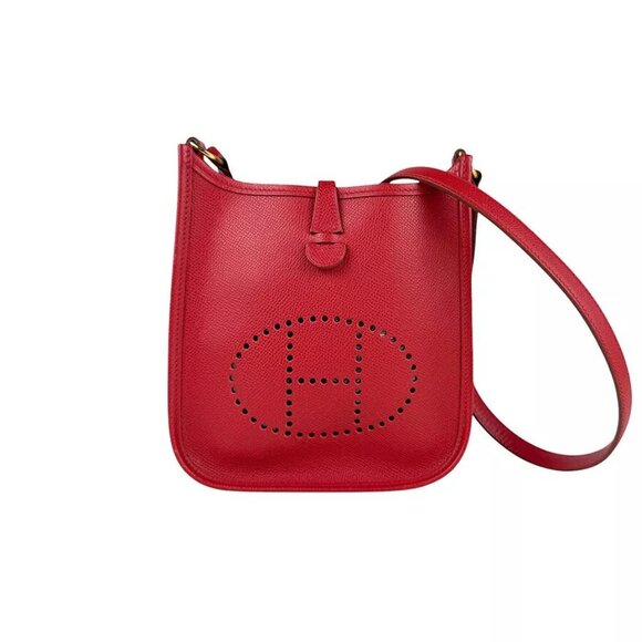 Auth HERMES Evelyne TPM 16 Crossbody Shoulder Bag Red Veau Epsom Leather - Picture 1 of 16